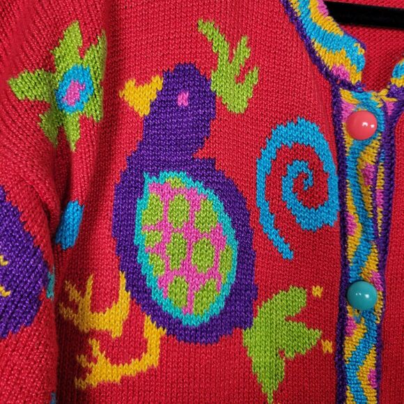 CHRISTINE FOLEY Vintage Red Artsy Folk Bird Knitted Art To Wear Cardigan SIZE 2 - Picture 4 of 13